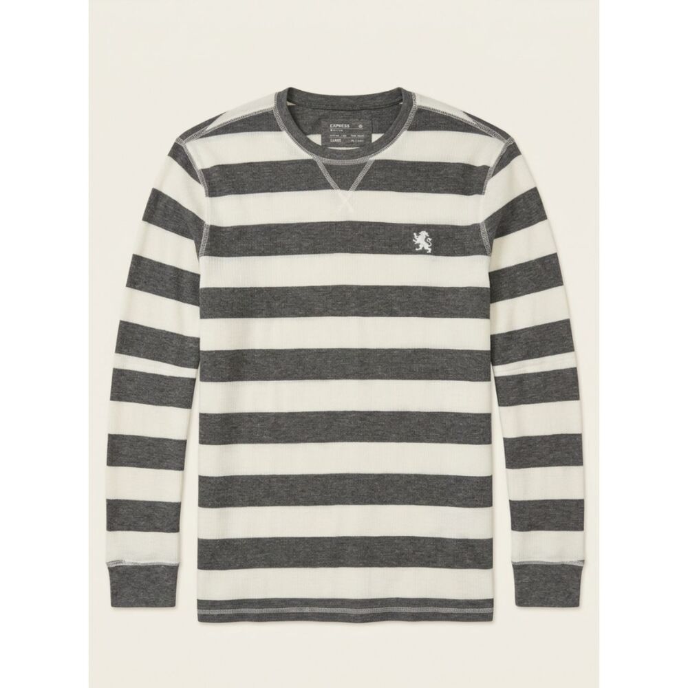 Express Waffle Thermal Shirt Mens L Gray White Stripe Long Sleeve Crew Neck Top